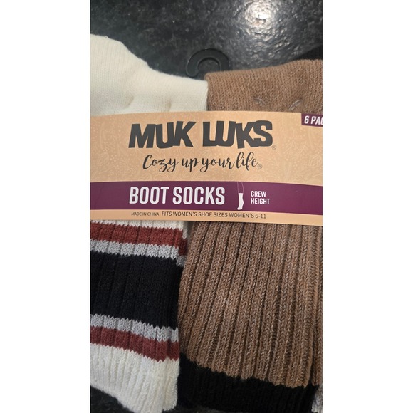 Muk Luks Women's Boot Socks 6 Pack Crew Height Brown Black White Striped 6-11 - Picture 2 of 3